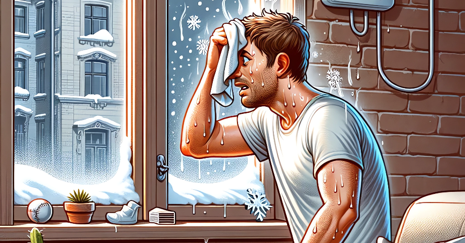 DALL·E 2023-11-20 15.38.12 - Illustration of a person in an apartment sweating and looking uncomfortable, opening a window during winter. The individual should appear overheated a (1) (1)