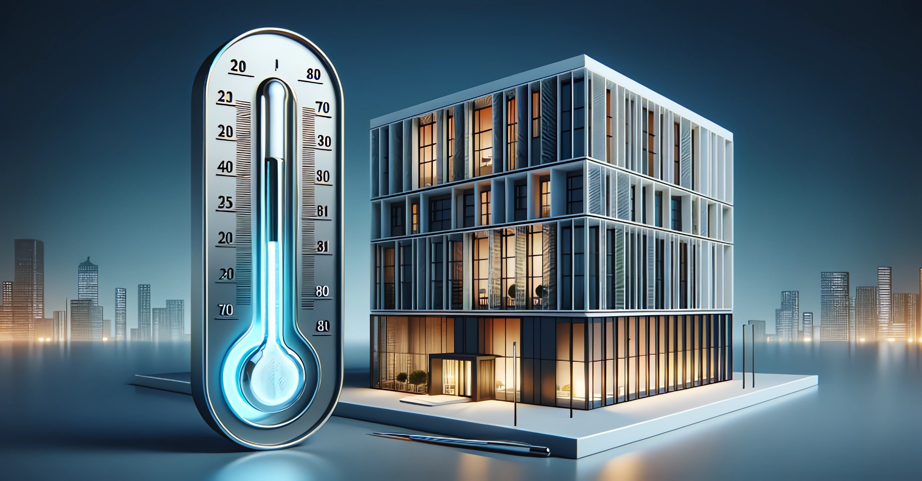 DALL·E 2023-12-11 13.09.41 - A modern building next to a large, visible thermometer, symbolizing the buildings ability to adapt its heating based on temperature. The building sho (1) (1)