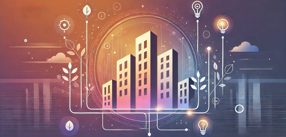 DALL·E 2024-08-30 11.40.09 - A modern abstract image symbolizing energy-saving tips for apartment buildings. The background features a gradient of orange, purple, and light blue,