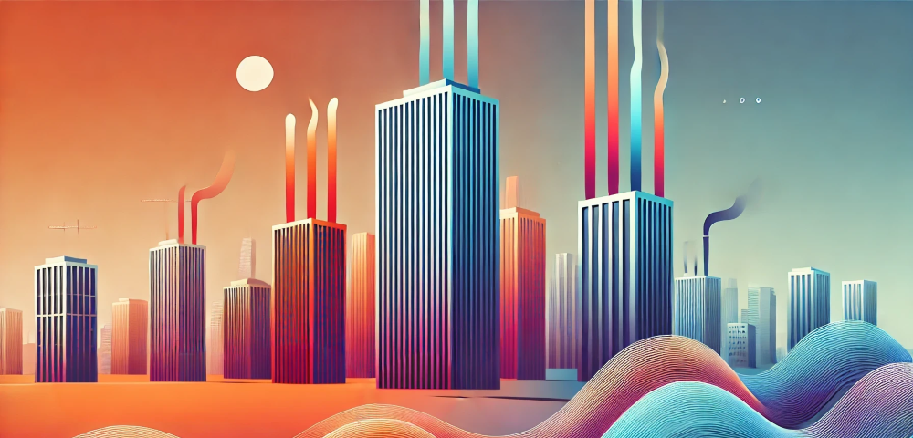 DALL·E 2024-09-16 13.56.45 - An abstract representation of heat management in high-rise buildings. The image shows tall, sleek apartment buildings with warm orange and red waves r