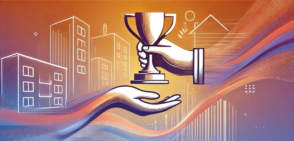 DALL·E 2024-10-04 12.44.06 - A horizontal abstract image symbolizing a property manager being handed a trophy. Use a flowing design to show the gesture of one hand giving an award