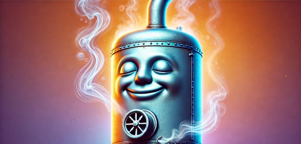 DALL·E 2024-10-18 15.49.33 - A detailed image of a boiler with a face that looks relieved, with air or steam gently coming out of its mouth. The boilers face shows relaxation, wi