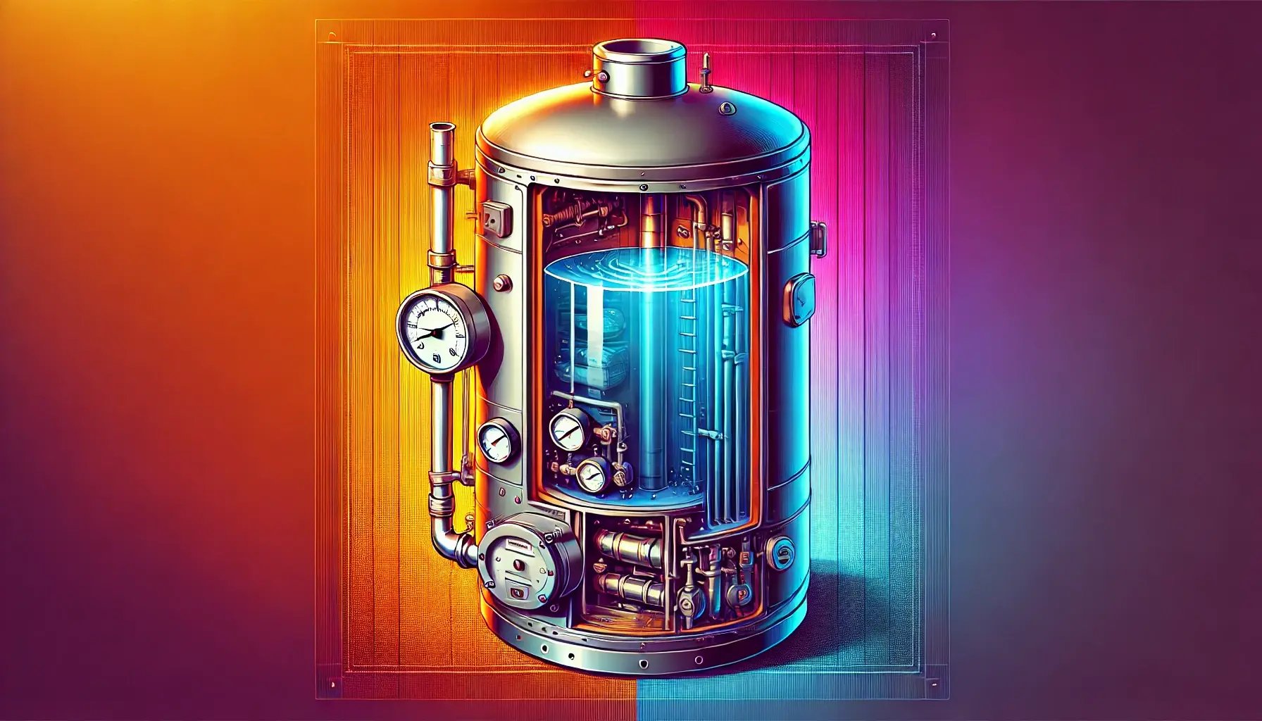 DALL·E 2024-12-09 13.11.13 - A vector-style illustration of a realistic industrial boiler, half-filled with water, featuring a detailed cutaway view to clearly show the water leve